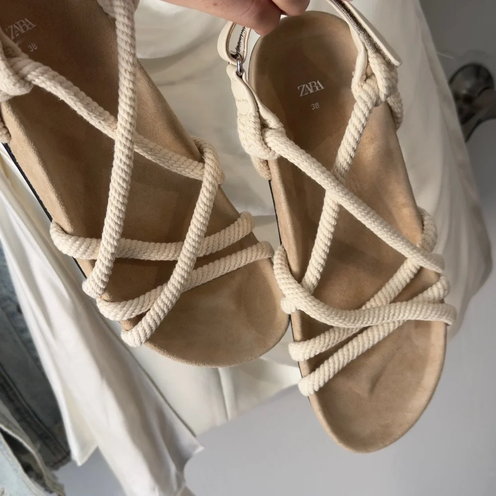 Zara Cream Rope Strappy Sandals with Ankle Buckle - Picture 1 of 7